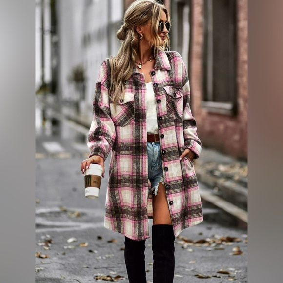 Pink Plaid Button-Up Longline Shacket Jacket with Pockets - Picture 2 of 4